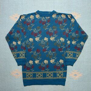 Vintage acrylic knit sweater flowers roses multicolor blue floral adult medium